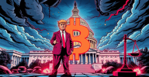 唐纳德·特朗普站在巨大的加密货币符号前，背景是美国国会大厦，象征加密交易引发的道德担忧