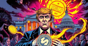 复古漫画风格封面，展示唐纳德·特朗普与加密货币和TRUMP代币的象征性对抗，背景为白宫和美国国会大厦。
