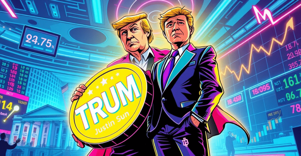 唐纳德·特朗普手持巨型迷因币的复古漫画风格插图，背景是混乱的加密货币市场和比特币挖矿机