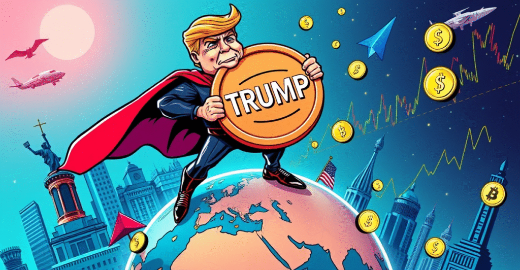 复古漫画风格的特朗普手持TRUMP迷因币，象征全球加密货币影响