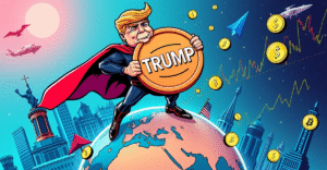复古漫画风格的特朗普手持TRUMP迷因币，象征全球加密货币影响