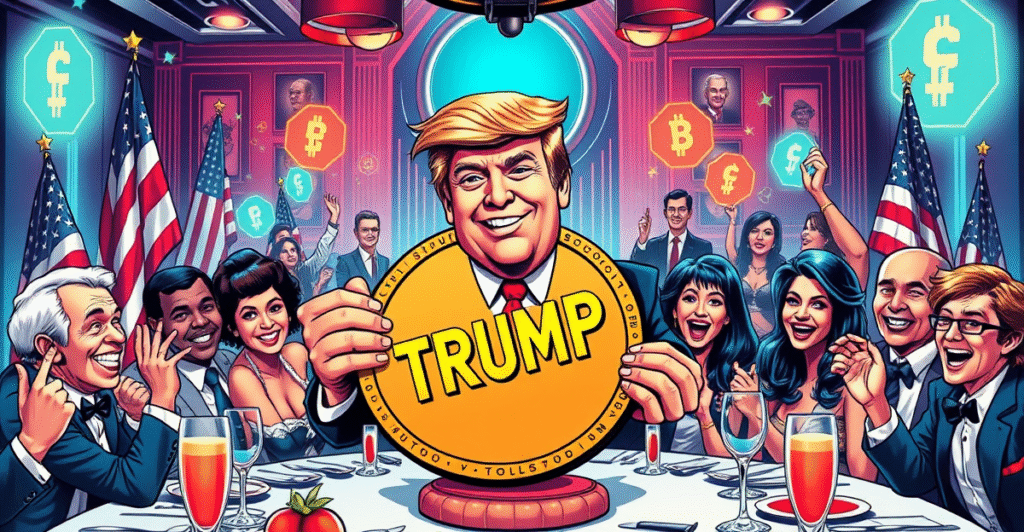 唐纳德·特朗普手持巨大的迷因代币，周围是兴奋的投资者，背景融合了美国国旗和区块链符号