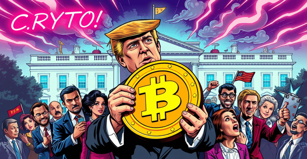 唐纳德·特朗普手持巨大的TRUMP迷因币，背景是白宫和激烈的政治辩论，象征加密货币与政治的争议。