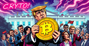 唐纳德·特朗普手持巨大的TRUMP迷因币，背景是白宫和激烈的政治辩论，象征加密货币与政治的争议。