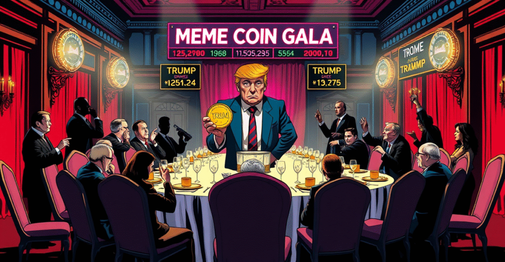 复古漫画风格的特朗普迷因币晚宴场景，特朗普手持TRUMP币，周围是两党政客的阴影人物，背景是闪烁的TRUMP价格行情。