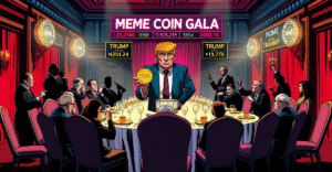 复古漫画风格的特朗普迷因币晚宴场景，特朗普手持TRUMP币，周围是两党政客的阴影人物，背景是闪烁的TRUMP价格行情。