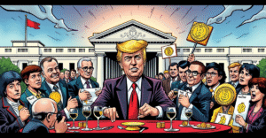 复古漫画风格的特朗普迷因币晚宴场景，特朗普手持TRUMP币，背景有外国投资者和司法部标志