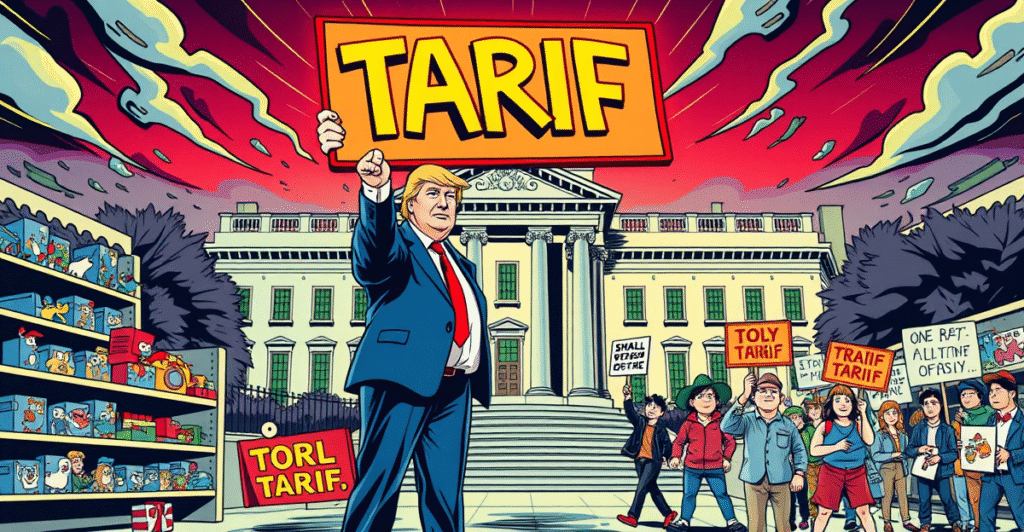 唐纳德·特朗普站在白宫前,手持巨大关税标志,阴影笼罩着小玩具店和商家