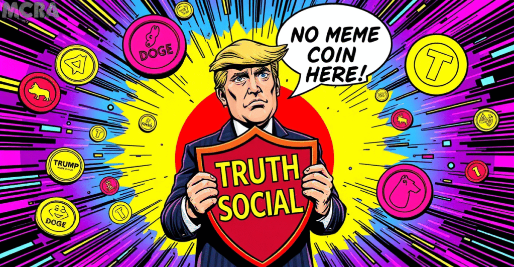 复古漫画风格封面，展示特朗普形象与Truth Social标志，背景是迷因币符号，否认推出迷因币的传闻