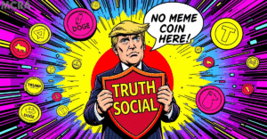 复古漫画风格封面，展示特朗普形象与Truth Social标志，背景是迷因币符号，否认推出迷因币的传闻