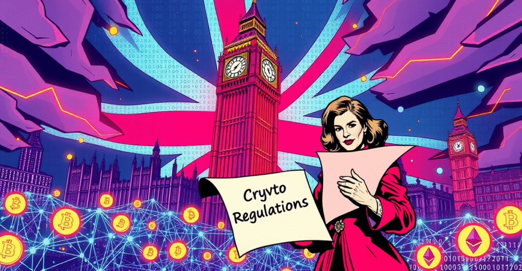 复古漫画风格插图展示英国加密货币监管新规,背景为数字化的伦敦天际线和区块链符号