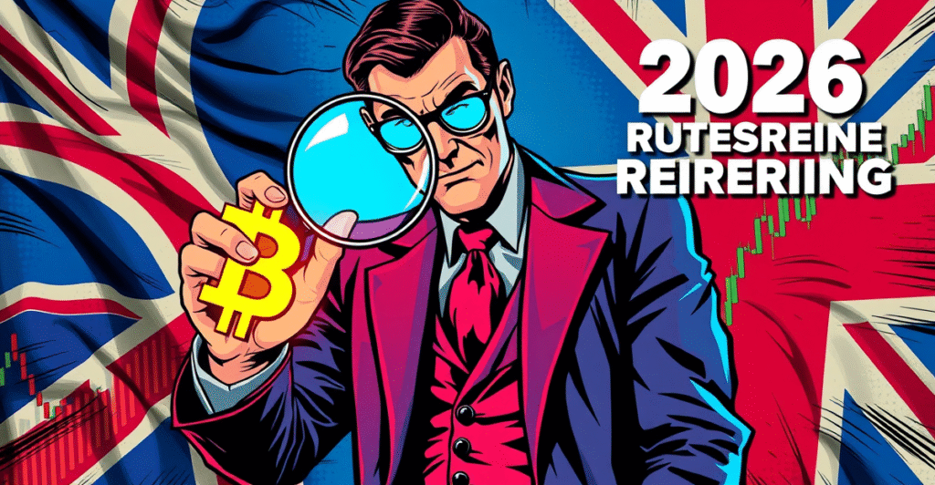 英国税务官员检查发光的加密货币符号,背景是英国国旗和金融图表,象征2026年加密货币税务报告新规