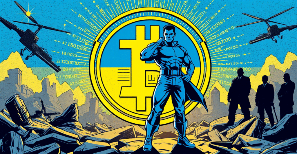 乌克兰英雄站在巨大的比特币标志前，背景是战争与数字经济的对比，象征国家通过加密货币增强财务韧性