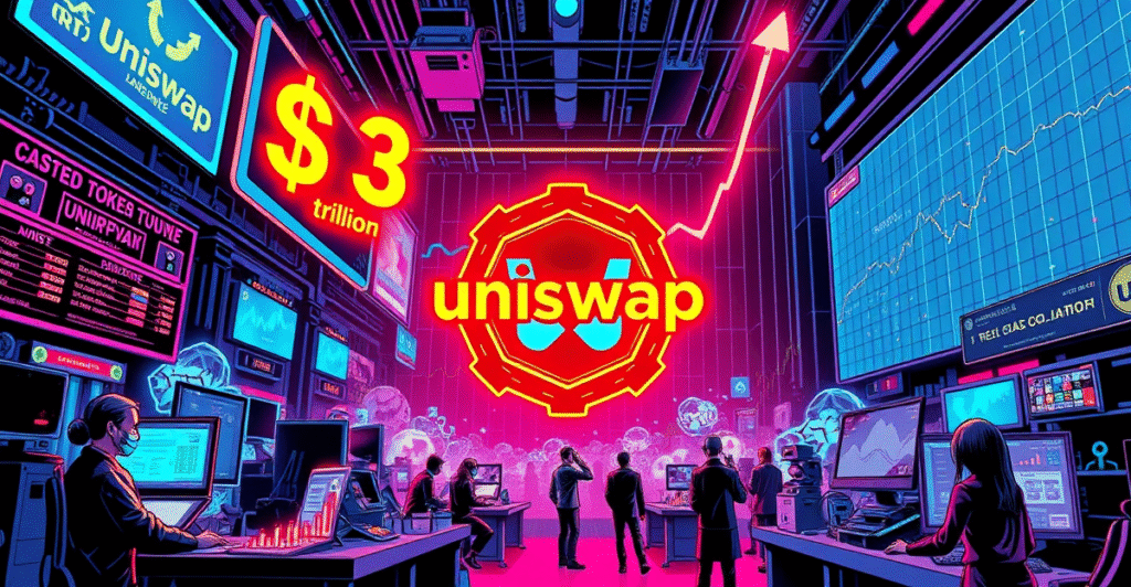 复古漫画风格封面展示Uniswap标志在中心发光，周围是繁忙的数字市场，象征去中心化交易所累计交易量突破3万亿美元