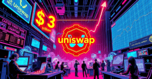 复古漫画风格封面展示Uniswap标志在中心发光，周围是繁忙的数字市场，象征去中心化交易所累计交易量突破3万亿美元