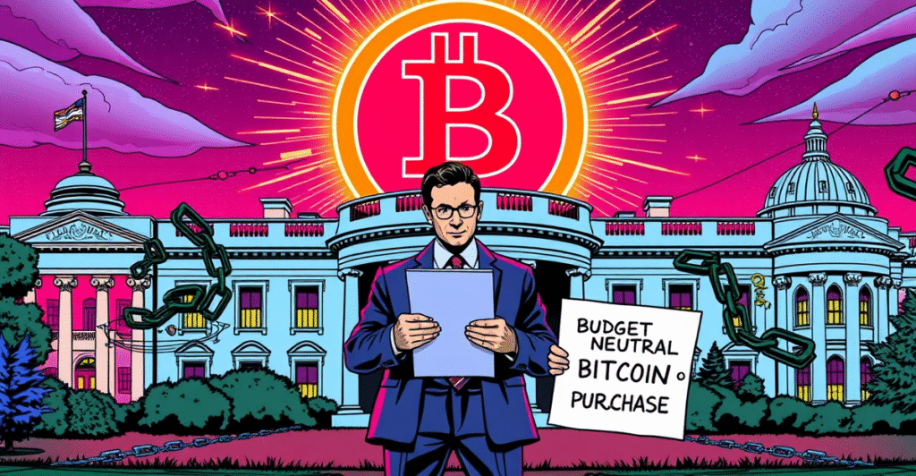 复古漫画风格的白宫与巨大的比特币标志，象征美国政府可能增加比特币购买