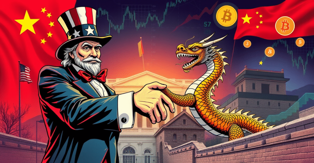 复古漫画风格封面，展示山姆大叔与中国龙的象征性握手，背景为白宫和长城，象征美中关税协议对全球市场的影响。
