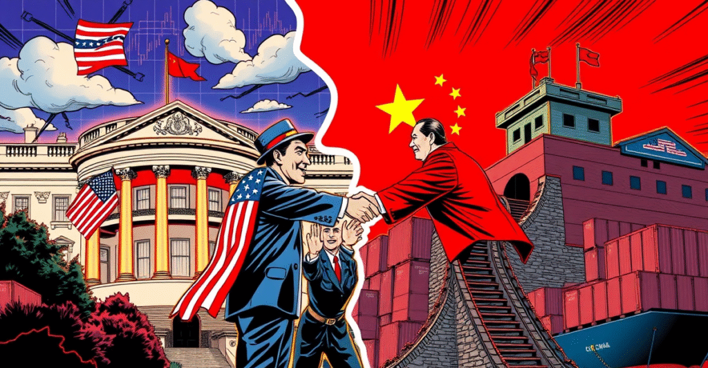 复古漫画风格插画展示美中贸易协议谈判的紧张与进展，背景包含白宫和长城象征元素