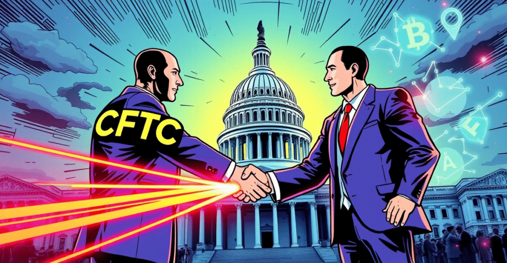象征性描绘CFTC与区块链协会领导层交接的复古漫画风格插图，背景为美国国会大厦和数字区块链元素。