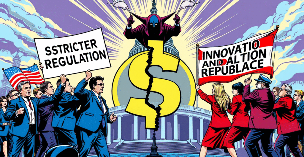 复古漫画风格插图展示美国稳定币法案在党派政治中的冲突