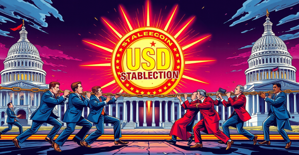 复古漫画风格插图展示华盛顿特区国会大厦背景下，两党政治家就稳定币立法进行拔河比赛，象征立法停滞与突破可能。