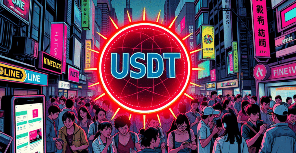 复古漫画风格封面展示USDT标志在Kaia区块链上，背景是LINE用户与数字钱包互动