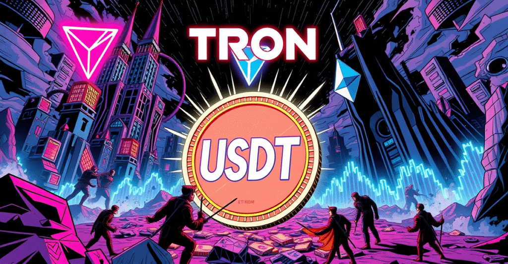 Tron网络与以太坊争夺USDT供应量主导权的复古漫画风格插图