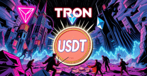 Tron网络与以太坊争夺USDT供应量主导权的复古漫画风格插图