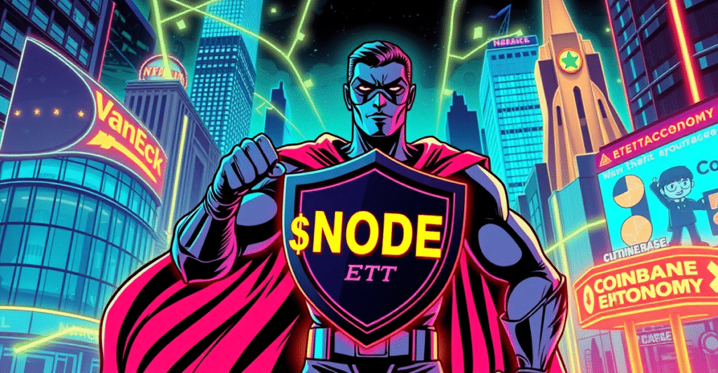 VanEck链上经济ETF($NODE)的复古漫画风格封面，展示了一个超级英雄形象站在未来城市前，象征着数字经济的增长和创新。