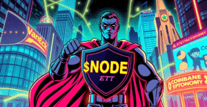 VanEck链上经济ETF($NODE)的复古漫画风格封面，展示了一个超级英雄形象站在未来城市前，象征着数字经济的增长和创新。