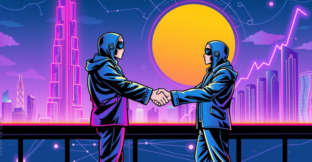 TheBlock与Cointelegraph在迪拜世界贸易中心前握手，象征虚拟资产合作的战略伙伴关系