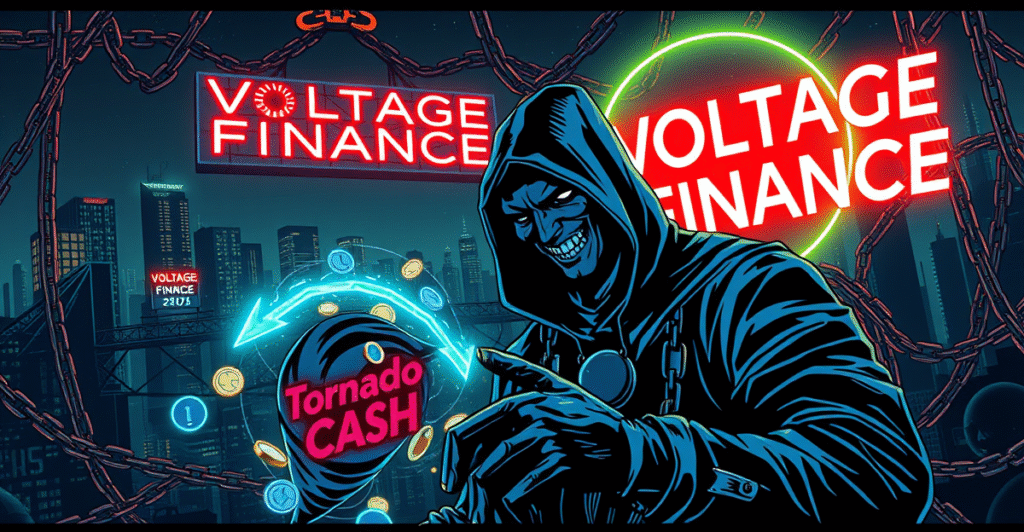 复古漫画风格的黑客攻击场景，展示了一个阴影中的黑客在数字世界中操纵ERC677代币标准，背景是闪烁的Voltage Finance标志。