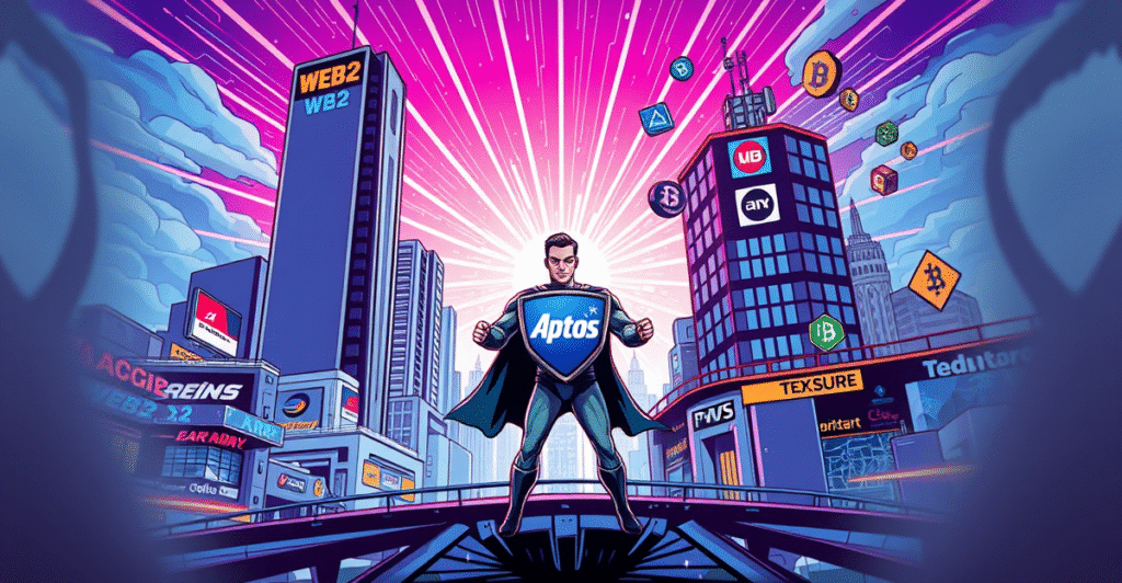 复古漫画风格封面展示Web2.5平台在Aptos上的成功,融合Web2和Web3元素的未来城市景观。