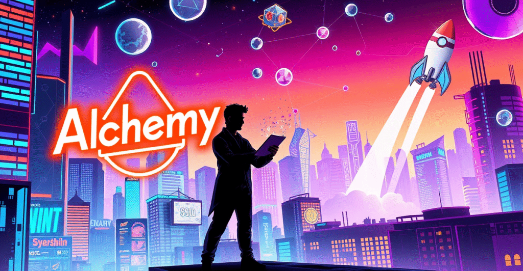 复古漫画风格封面展示Alchemy收购HeyMint，象征Web3和NFT技术的快速发展