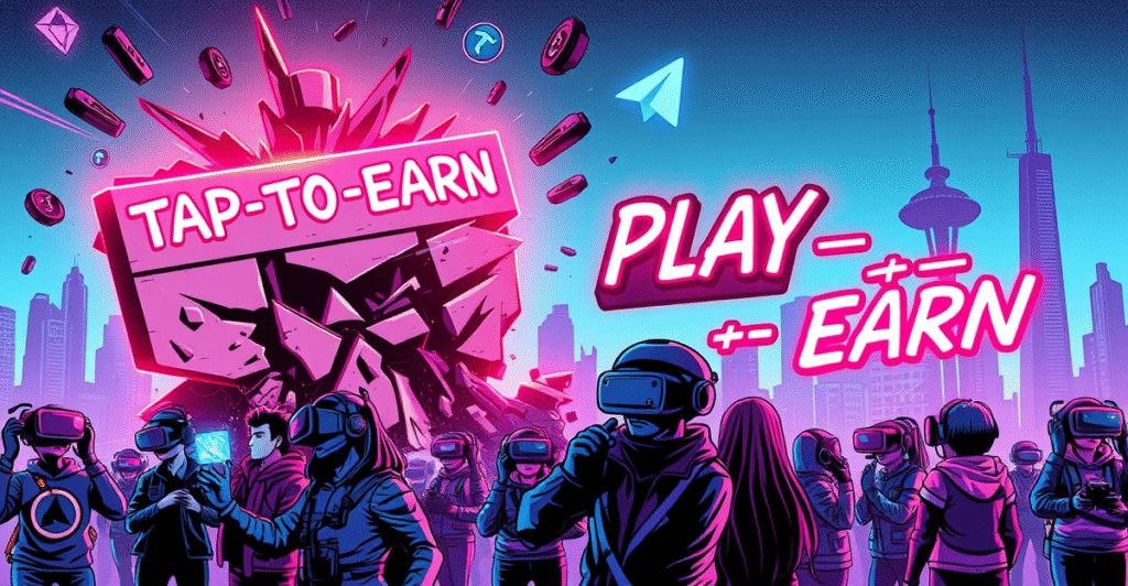 复古漫画风格封面展示Web3游戏的未来,玩家在虚拟现实战斗中,背景是正在更换的'点击赚钱'到'玩赚'标志。