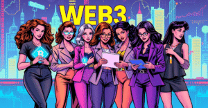 一群女性站在象征Web3世界的未来数字城市景观前，展示区块链技术和金融教育的多样性