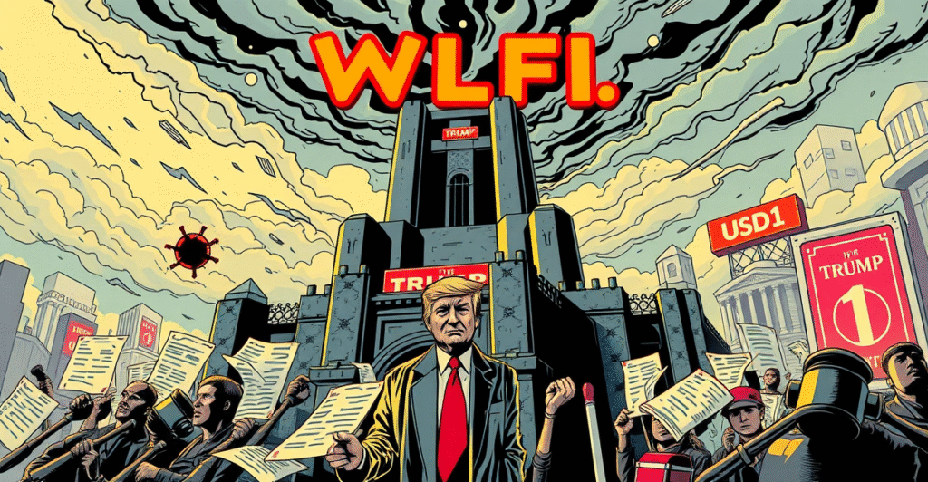 复古漫画风格插图展示World Liberty Financial与监管机构之间的象征性冲突，背景包含TRUMP迷因币和USD1稳定币标志。