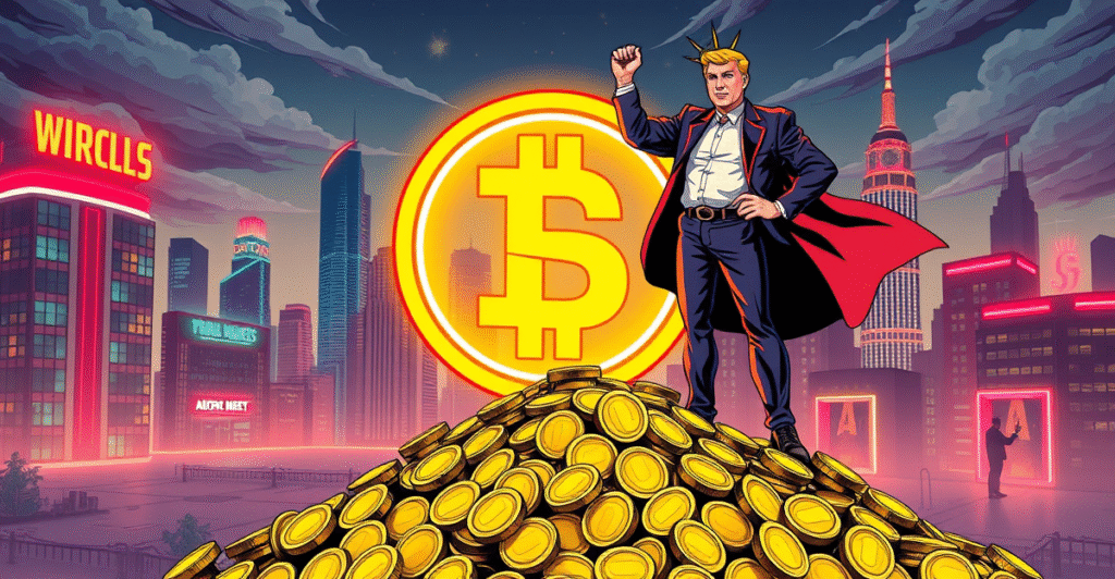 复古漫画风格封面展示World Liberty Financial的USD1稳定币空投计划,背景为未来城市和特朗普家族的象征性支持