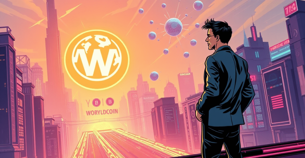 Sam Altman站在发光的Worldcoin标志前，背景是未来城市和虹膜扫描网络，象征数字身份项目的全球扩张与争议。