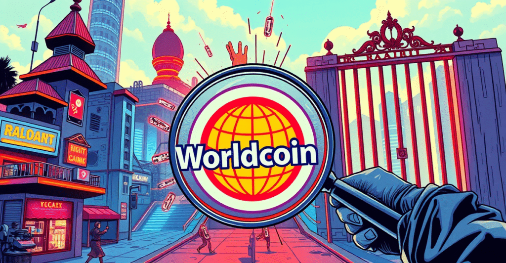 复古漫画风格封面展示Worldcoin在印尼面临的监管挑战，背景为未来城市与数字链条。