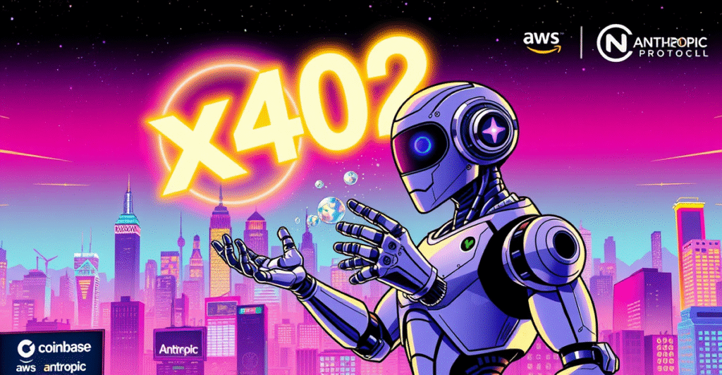 复古漫画风格封面展示x402协议,背景为未来城市,AI代理进行数字货币交易