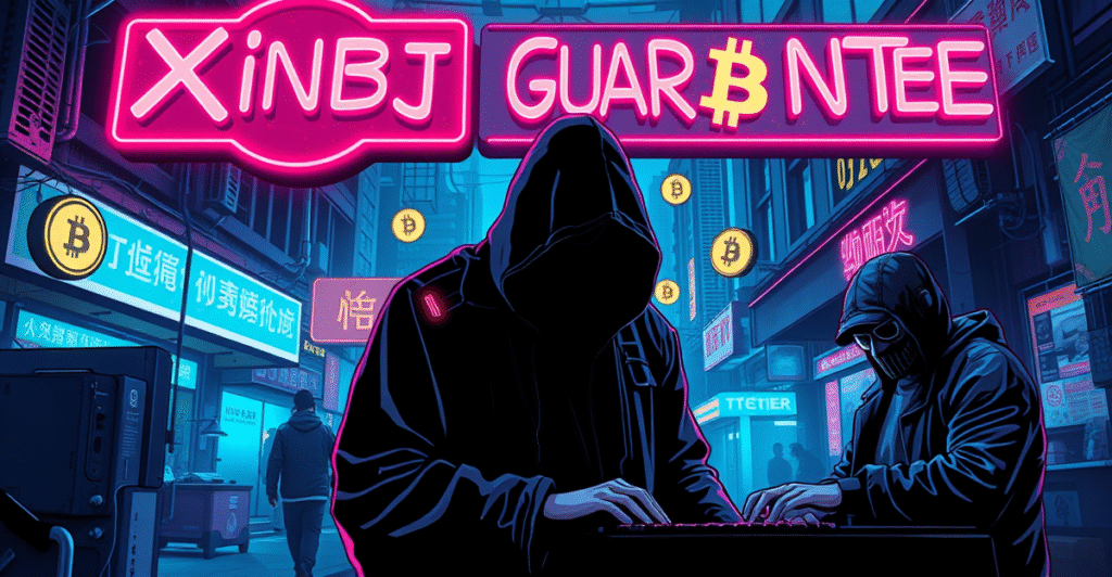 复古漫画风格插图展示Xinbi Guarantee与非法加密货币洗钱案的关联，背景为霓虹灯下的黑市场景。