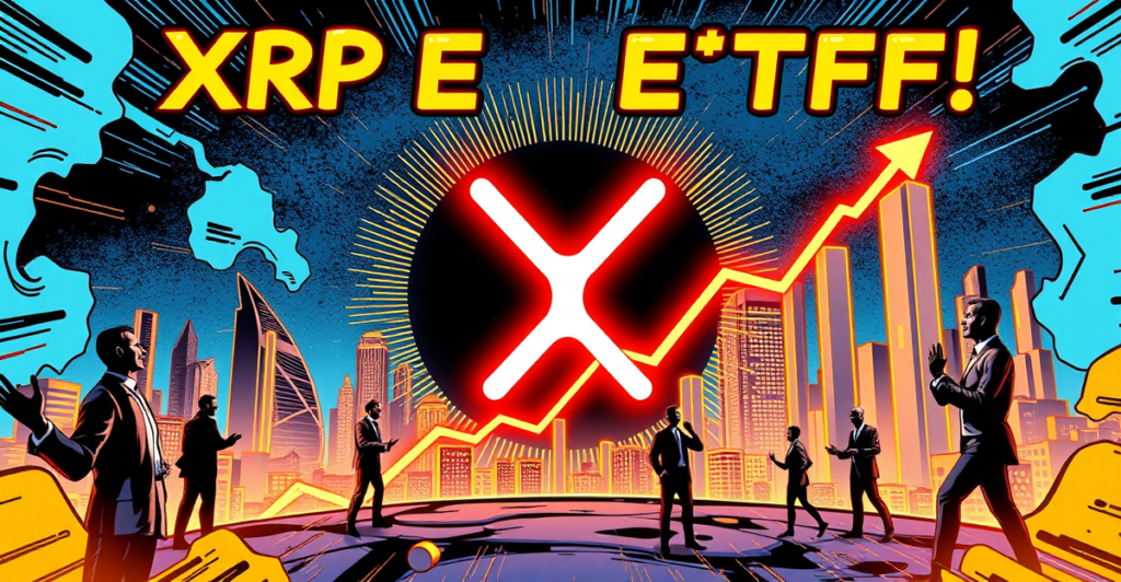 复古漫画风格封面展示XRP标志，周围是上升的市场趋势图和欢呼的分析师，象征ETF获批的高概率。