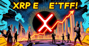 复古漫画风格封面展示XRP标志，周围是上升的市场趋势图和欢呼的分析师，象征ETF获批的高概率。