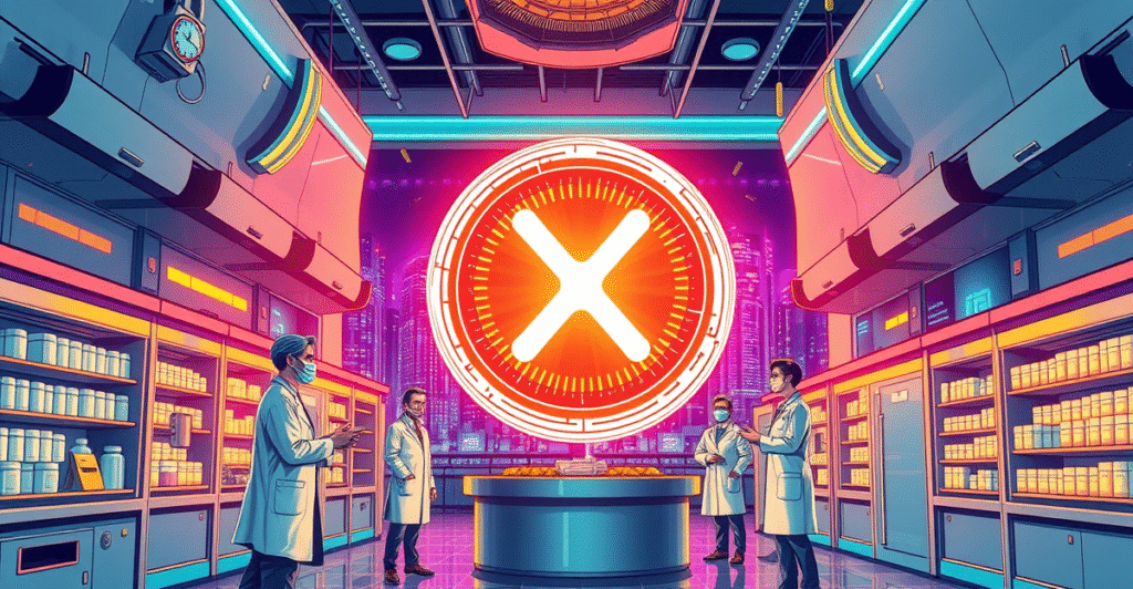 复古漫画风格封面展示XRP医疗支付整合，未来医疗设施中心发光的XRP标志，周围医生和药剂师交换数字代币。