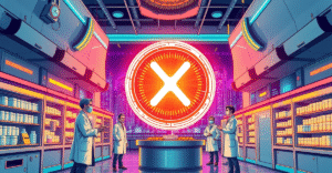复古漫画风格封面展示XRP医疗支付整合，未来医疗设施中心发光的XRP标志，周围医生和药剂师交换数字代币。