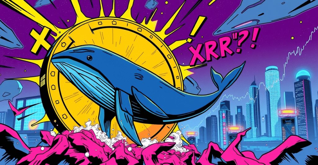 复古漫画风格封面展示巨大的XRP币和鲸鱼,象征大持有者的积累,背景是上涨的市场趋势图