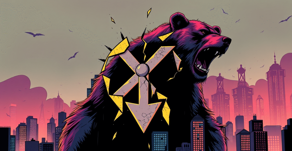 破碎的XRP标志与向下箭头，象征价格下跌，背景是熊市阴影和下跌的股市图表