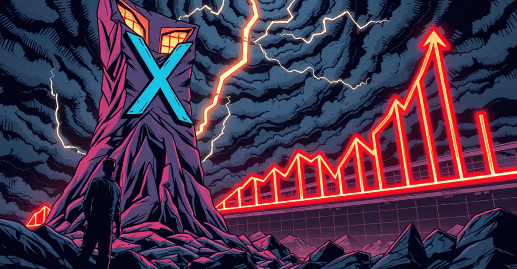 复古漫画风格插图展示XRP价格下跌,背景是风暴天空和下降趋势图