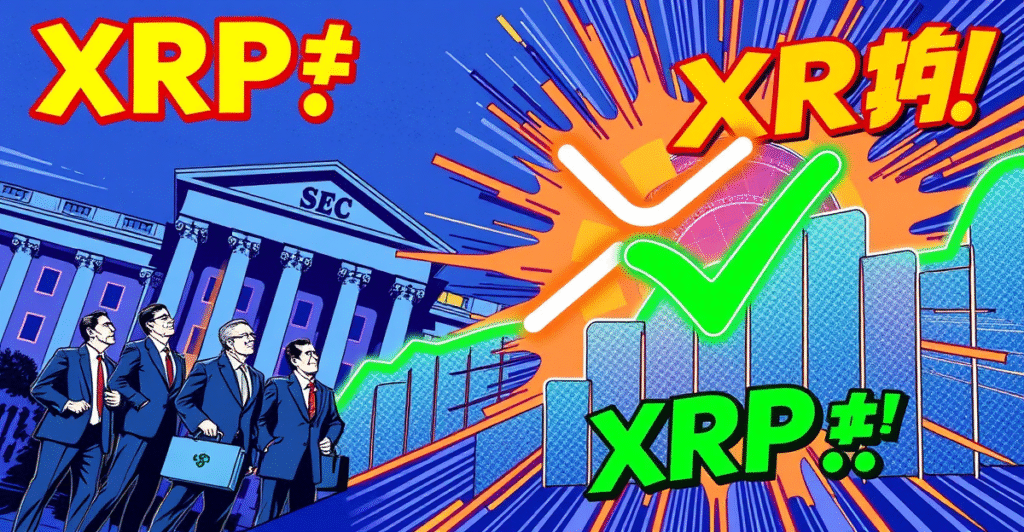 复古漫画风格封面展示XRP符号和上涨趋势图，背景为SEC大楼，象征XRP价格上涨。